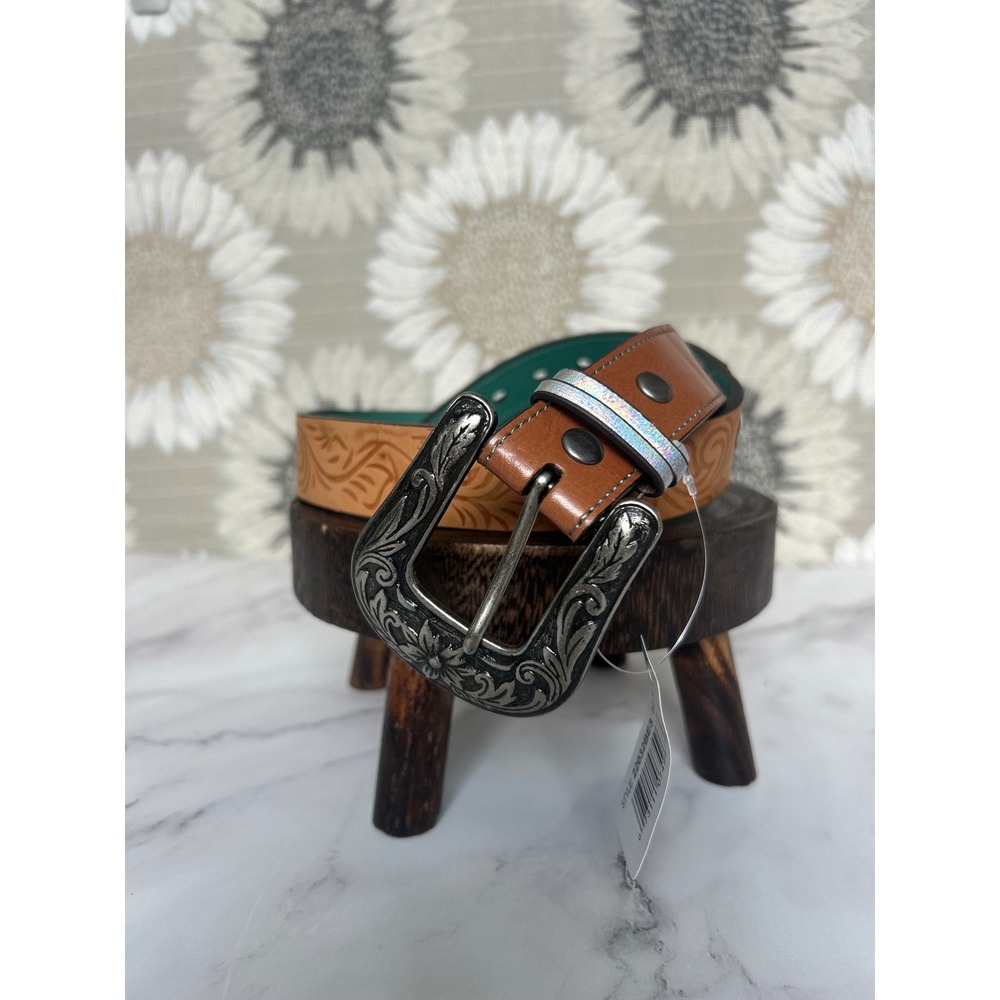 Western Tan‎ Girls Small Embossed Belt Brown White Trim Silver Floral Buckle